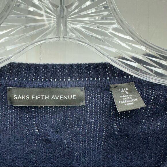 Saks Fifth Avenue navy blue wool blend cable knit crew neck sweater womens large - Picture 4 of 5
